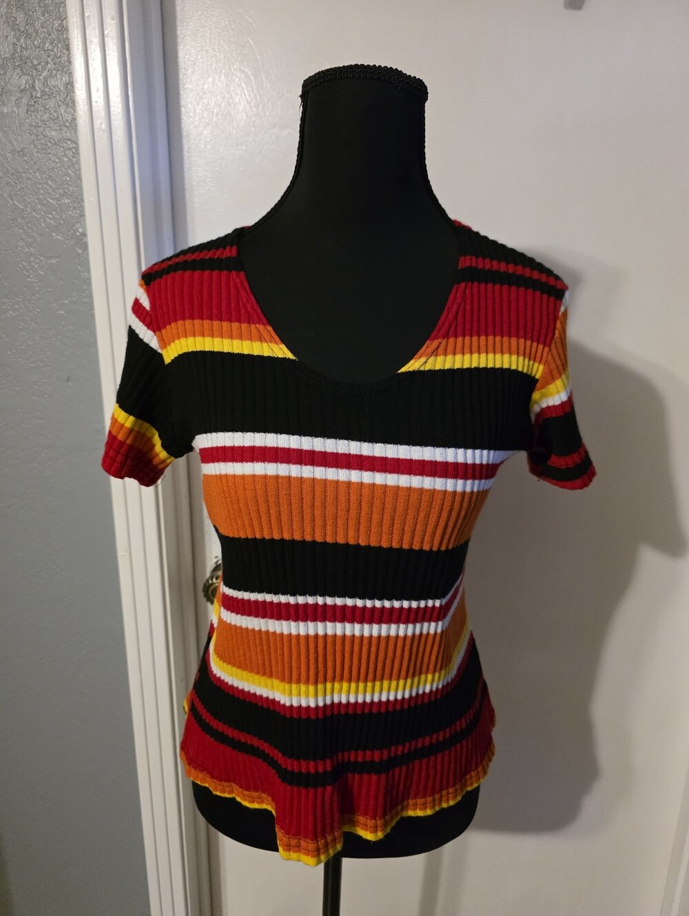 Caren Sport Striped Ribbed Short-Sleeve Top in Black, Red & Orange